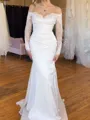 Gorgeous Sheath Off-the-Shoulder Long Sleeves Appliques Lace Sweep Train Charmeuse Corset Wedding Dress