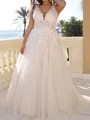 Splendid A-Line V-Neck Appliques Lace Sweep Train Tulle Corset Wedding Dress