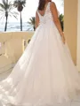 Splendid A-Line V-Neck Appliques Lace Sweep Train Tulle Corset Wedding Dress