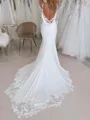 Striking Sheath Spaghetti Straps Appliques Lace Cathedral Train Charmeuse Wedding Dress