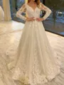 Magnificent A-Line V-Neck Long Sleeves Appliques Lace Chapel Train Tulle Corset Wedding Dress