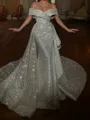 Trendy Sheath Off-the-Shoulder Sequin Cathedral Train Wedding Dress