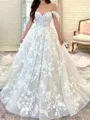 Fashion A-Line Off-the-Shoulder Appliques Lace Cathedral Train Tulle Corset Wedding Dress