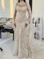 Delicate Sheath High Neck Long Sleeves Appliques Lace Sweep Train Lace Wedding Dress