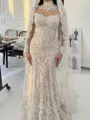 Delicate Sheath High Neck Long Sleeves Appliques Lace Sweep Train Lace Wedding Dress