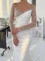 Opulent Sheath Illusion Long Sleeves Sequin Sweep Train Silk Like Satin Corset Wedding Dress