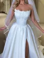 Stunning A-Line Straight Appliques Lace Chapel Train Satin Corset Wedding Dress