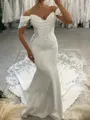 Graceful Mermaid Off-the-Shoulder Appliques Lace Cathedral Train Charmeuse Corset Wedding Dress