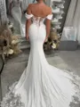 Breathtaking Mermaid Off-the-Shoulder Appliques Lace Cathedral Train Charmeuse Corset Wedding Dress