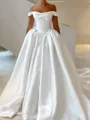 Striking A-Line Off-the-Shoulder Pleated Cathedral Train Satin Corset Wedding Dress