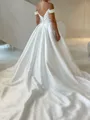Striking A-Line Off-the-Shoulder Pleated Cathedral Train Satin Corset Wedding Dress