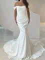 Fashion-forward Sheath Off-the-Shoulder Pleated Court Train Satin Chiffon Corset Wedding Dress