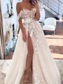 Mesmerizing A-Line Off-the-Shoulder Appliques Lace Chapel Train Tulle Corset Wedding Dress