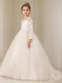 Ball-Gown Princess Scoop Long Sleeves Celebratory Sweep Train Tulle Flower Girl Dress