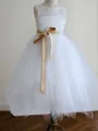Fairy-tale A-line Princess Scoop Sleeveless Ankle-Length Tulle Flower Girl Dress With Sash