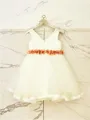 A-line Princess V-neck Sleeveless Tea-Length Tulle Sweet Flower Girl Dress With Hand-Made Flower