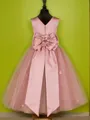 A-line Princess Celebratory Scoop Sleeveless Tea-Length Tulle Flower Girl Dress With Bowknot
