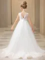 A-line Princess Scoop Sleeveless Sweep Train Whimsical Tulle Flower Girl Dress