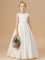 Delightful A-Line Scoop Short Sleeves Bowknot Floor-Length Satin Flower Girl Dress