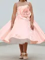 Playful A-Line Scoop Flower Tea-Length Satin Flower Girl Dress
