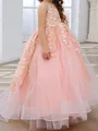 Sparkling A-Line Scoop Applique Sweep Train Tulle Flower Girl Dress