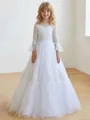 Dainty A-Line Scoop Long Sleeves Lace Floor-Length Tulle Flower Girl Dress