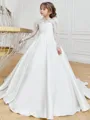 Fairy-tale A-Line High Neck Long Sleeves Lace Court Train Satin Flower Girl Dress