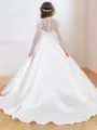 Fairy-tale A-Line High Neck Long Sleeves Lace Court Train Satin Flower Girl Dress