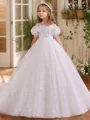 Precious A-Line High Neck Short Sleeves Bowknot Sweep Train Tulle Flower Girl Dress