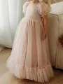 Charming A-Line Square Short Sleeves Bowknot Floor-Length Tulle Flower Girl Dress