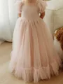 Charming A-Line Square Short Sleeves Bowknot Floor-Length Tulle Flower Girl Dress