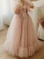 Charming A-Line Square Short Sleeves Bowknot Floor-Length Tulle Flower Girl Dress