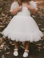 Sweet A-Line Square Short Sleeves Bowknot Knee-Length Tulle Flower Girl Dress