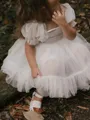 Sweet A-Line Square Short Sleeves Bowknot Knee-Length Tulle Flower Girl Dress