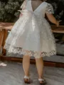 Angelic A-Line Scoop Short Sleeves Bowknot Knee-Length Lace Flower Girl Dress