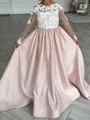 Enchanting A-Line Scoop Long Sleeves Bowknot Court Train Satin Flower Girl Dress