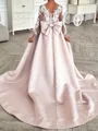 Enchanting A-Line Scoop Long Sleeves Bowknot Court Train Satin Flower Girl Dress
