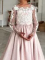 Enchanting A-Line Scoop Long Sleeves Bowknot Court Train Satin Flower Girl Dress