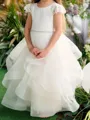 Whimsical A-Line Scoop Short Sleeves Beading Floor-Length Tulle Flower Girl Dress