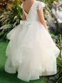 Whimsical A-Line Scoop Short Sleeves Beading Floor-Length Tulle Flower Girl Dress
