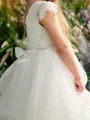 Whimsical A-Line Scoop Short Sleeves Beading Floor-Length Tulle Flower Girl Dress