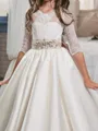 Dreamy A-Line Scoop 1/2 Sleeves Beading Floor-Length Satin Flower Girl Dress