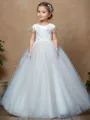 Adorable A-Line Scoop Short Sleeves Bowknot Court Train Tulle Flower Girl Dress