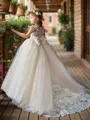 Adorable A-Line Scoop Short Sleeves Bowknot Court Train Tulle Flower Girl Dress
