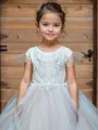 Adorable A-Line Scoop Short Sleeves Bowknot Court Train Tulle Flower Girl Dress