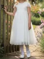 Charming A-Line Scoop Short Sleeves Lace Ankle-Length Tulle Flower Girl Dress