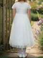 Charming A-Line Scoop Short Sleeves Lace Ankle-Length Tulle Flower Girl Dress