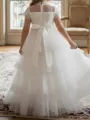 Delightful A-Line High Neck Short Sleeves Beading Floor-Length Tulle Flower Girl Dress