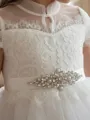 Delightful A-Line High Neck Short Sleeves Beading Floor-Length Tulle Flower Girl Dress
