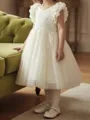 Sweet A-Line V-Neck Applique Tea-Length Tulle Flower Girl Dress